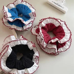 Κoreana Retro Contrast Double Layer Scrunchies Elegant Pleated Ponytail Hair Ring Fabric Hair Accessories For Women