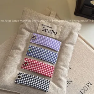 Korean Vintage Plaid Fabric Hair Clip Metal Flower Side Hairpin Sweet Geometric Hair Accessories For Women Girls