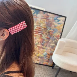 Red white gingham fabric hair clip with metal flower for sweet daily hairstyles and bangs.