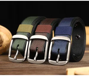 Men's casual canvas belt with metal pin buckle, durable woven fabric strap for jeans daily wear.