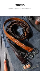 Handmade woven leather belt for men and women, vintage pin buckle, casual denim match.