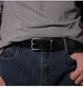 Classic black leather belt detail, silver metal pin buckle for casual jeans and daily wear.