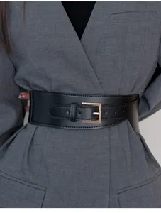 Wide black waist belt for women PU leather metallic square buckle coat sweater dress