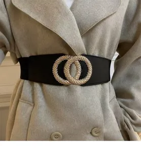 Womens elastic wide belt with gold double ring buckle for coat and dress fashion accessory.