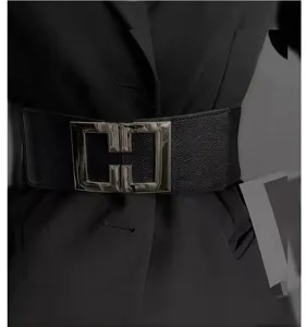 Women wide elastic waist belt detail, black stretch fabric with silver metal double buckle.