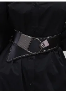 Punk style wide leather belt with metal ring buckle and rivets for women dresses outfit.