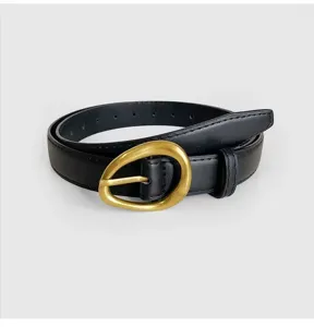 Classic black women's belt with unique antique gold oval buckle, casual fashion design style.