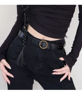 Classic black women leather belt with antique round buckle, minimalist style jeans waist belt.