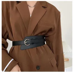 Close-up of a wide black leather waist belt with gold buckle, styling over blazers.
