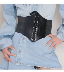 Detailed view of women's black elastic wide belt corset waist cincher, perfect for dresses and shirts.