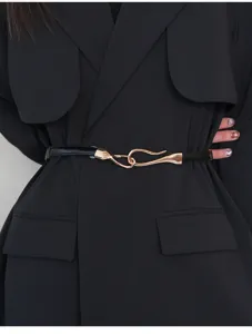 Women thin black leather waist belt with elegant gold hook buckle for dress coat suit