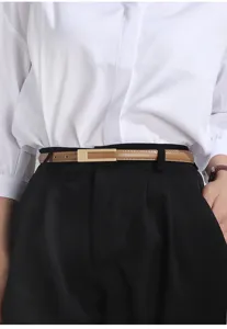 Women thin leather belt with metal rectangular buckle, minimalist brown waist accessory for dress.