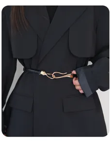 Women fashion thin waist belt with gold hook metal buckle black leather suit dress coat