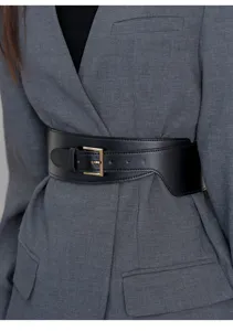 Stylish black wide waist belt for women, retro PU leather waist cinch for blazers coats.