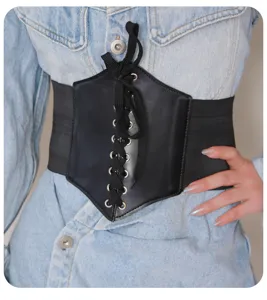 Wide elastic corset belt for women, stylish black waist cincher with lace up front design.