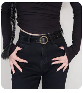 Black leather belt women vintage retro metal round buckle stylish minimalist jean pants waist