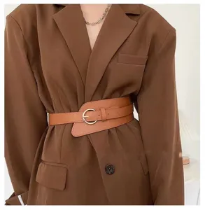 Women wide vintage PU leather waist belt fashion accessory for blazer dress coat stylish