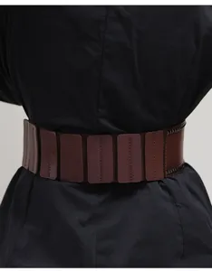 Women wide elastic corset belt punk style brown PU leather panel waist cincher dress accessory