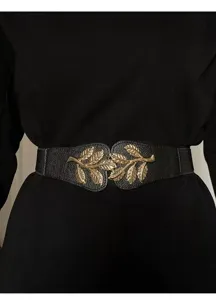 Boucle en métal feuille d'or ceinture élastique détail, accessoire de robe extensible noir élégant.