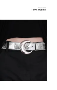 Silver metallic belt with crescent moon buckle for women fashion waist accessory clothing
