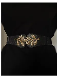 Ceinture elastique femme avec boucle metal feuille dore robe accessoire noir mode