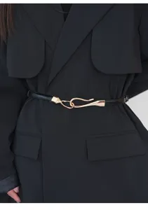 Stylish slim black leather belt with metal hook buckle for women, perfect for dresses and coats.
