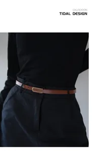 Women thin leather belt brown waist belt with gold buckle casual versatile dress jeans accessory