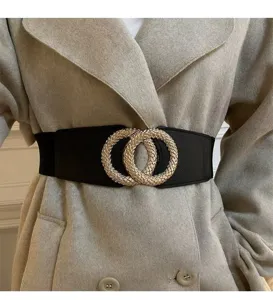 Women's wide elastic waist belt with metal double circle buckle for wool coat sweater fashion.