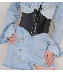 Oversized black PU leather lace-up elastic wide corset belt, stylish waist cincher for dress.
