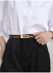 Detail shot of women's thin brown leather belt with gold rectangular buckle styling.