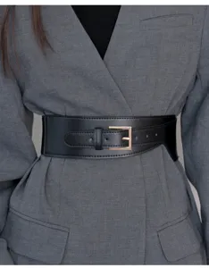 Women wide black leather waist belt vintage corset belt decorative dress coat accessory