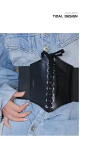Black wide corset belt for women, elastic lace-up waist cincher for dresses and shirts.