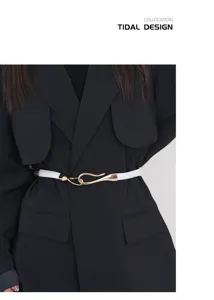 Women stylish skinny belt for dress and suit, elegant white waist belt with gold hook buckle.