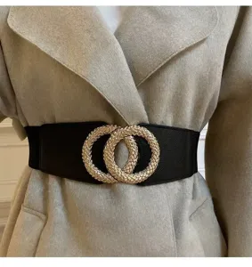 Women wide elastic waist belt with metal double ring buckle for winter coats and sweaters