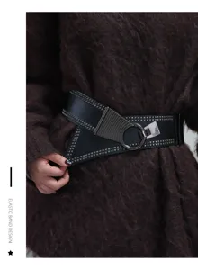Women punk style wide waist belt with metal ring rivets, elastic PU leather belt for dresses.