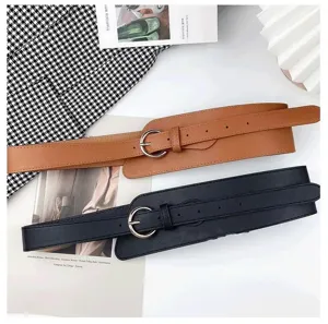 Women wide waist belt retro PU leather corset decorative dress coat accessory black brown