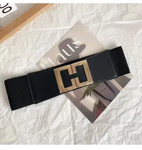 Women elastic wide waist belt with stylish metal buckle for dress fashion casual decor.