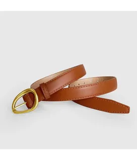 Classic brown leather belt for women, featuring a stylish vintage oval metal buckle for jeans.