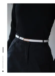 Women thin white leather belt with stylish U-shaped buckle versatile accessory for jeans dresses.