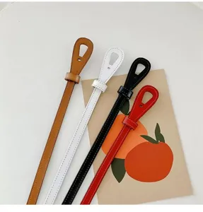 Women's thin leather belt set, vintage dress waist accessory in brown, white, black and red.