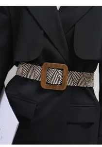 Women elastic woven belt with square wooden buckle casual fashion wide waist band for dress coat