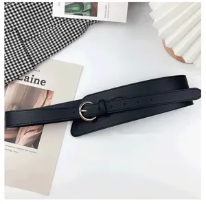 Wide black leather waist belt featuring a stylish gold buckle detail for dresses and coats.
