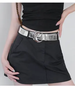 Silver glossy leather women's belt stylish circular metal buckle accessory for dress jeans coat