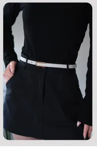 Women thin white belt with gold buckle minimalist waist strap for dresses and pants style