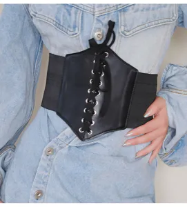 Black lace-up wide corset belt detail, elastic waist cincher with metal eyelets for stylish outfits.