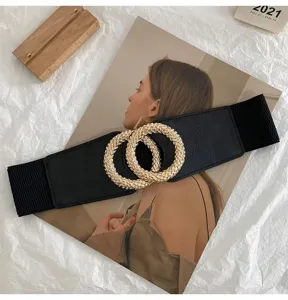Women black elastic waist belt with gold interlocking double circle buckle coat dress decor