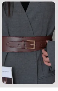 Wide brown leather belt for women, retro waist cincher with gold buckle for suit blazer.