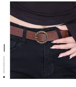 Retro women's brown leather belt with vintage twisted round buckle for casual jeans.