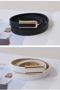Slim women leather belt with unique gold U-shaped buckle minimalist chic black white waist belt