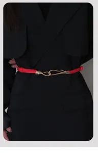 Red thin waist belt for women, stylish metal hook buckle, perfect for dress, blazer and coat.